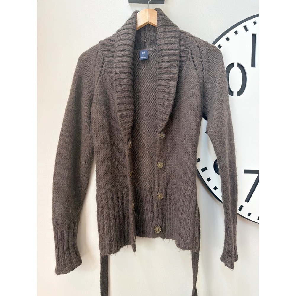 Gap Mohair Wool Cardigan Sweater Womens M Brown Shawl Collar Belted Earthy Cozy